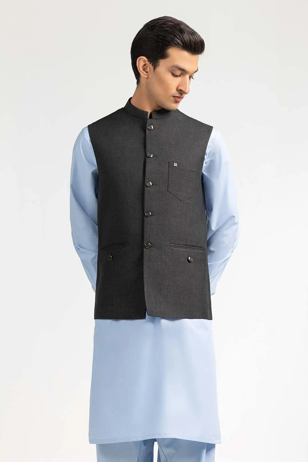 Gul Ahmed Ready to Wear Charcoal Stylized Waistcoat - WC-PD22-011