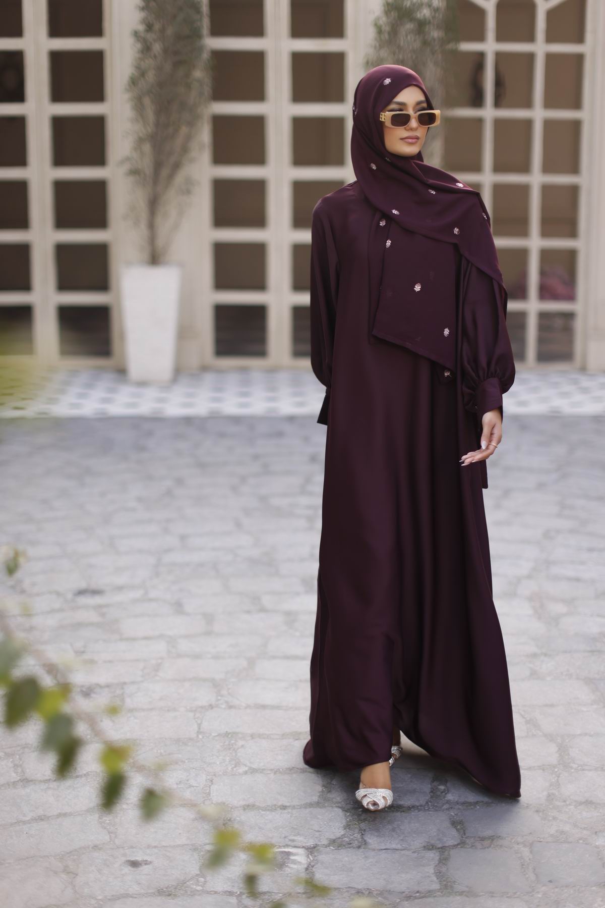Gul Ahmed Ready To Wear Georgette Abaya With Wool Chiffon Embroidered Scarf - WGB-KAB-22027