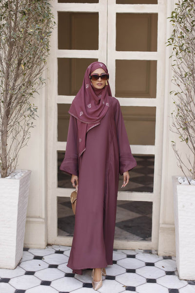 Gul Ahmed Ready To Wear Georgette Abaya With Wool Chiffon Embroidered Scarf - WGB-KAB-22029