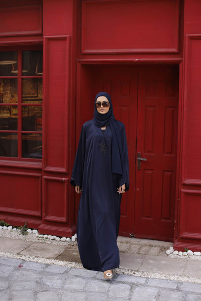 Gul Ahmed Ready To Wear Georgette Abaya With Wool Chiffon Embr Scarf - WGB-KAB-22031