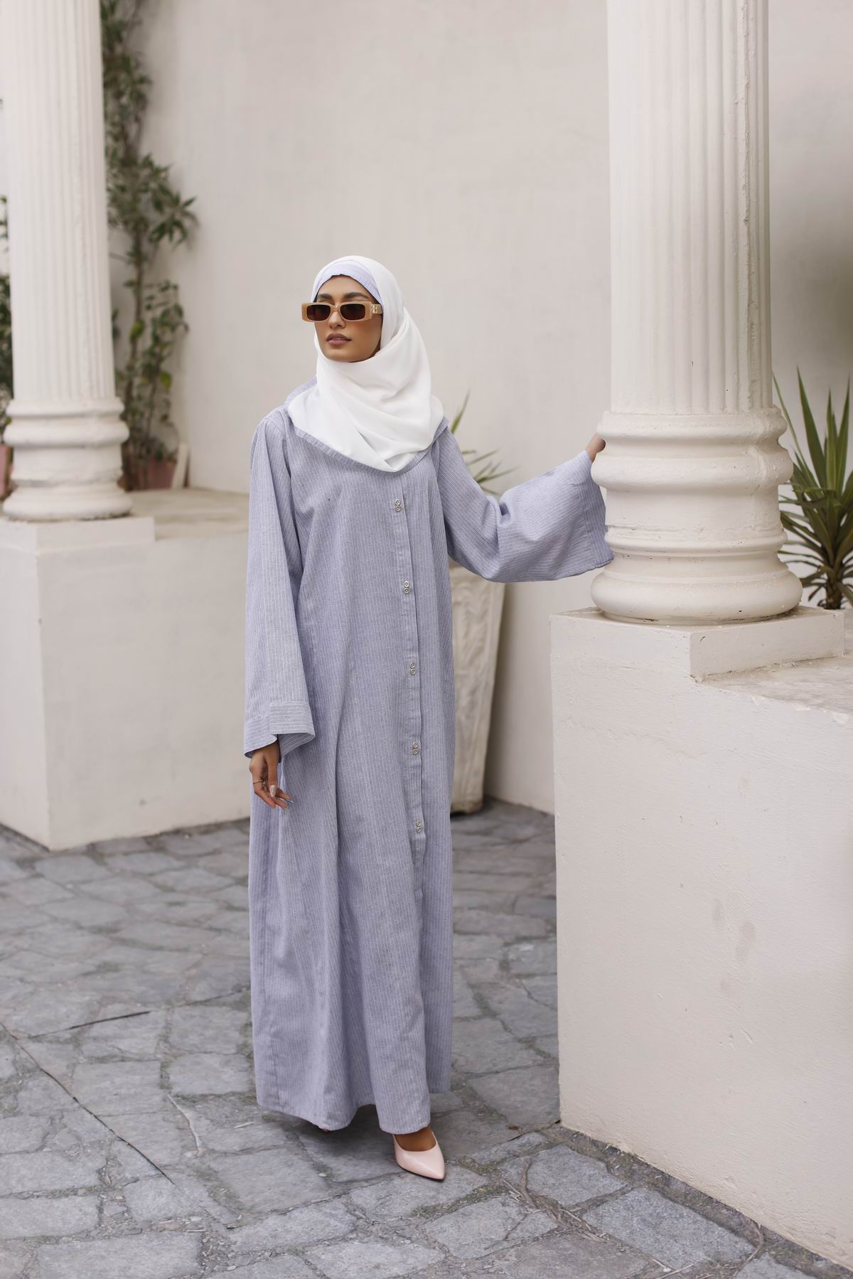 Gul Ahmed Ready To Wear Chambray Abaya With Wool Chiffon Dyed Scarf - WGB-KAB-22053
