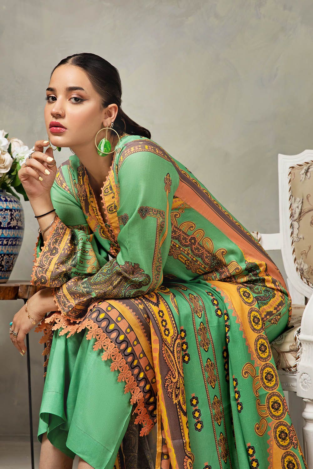 Gul Ahmed 3PC Stitched Digital Printed Linen Shawl Suit WNS-12084