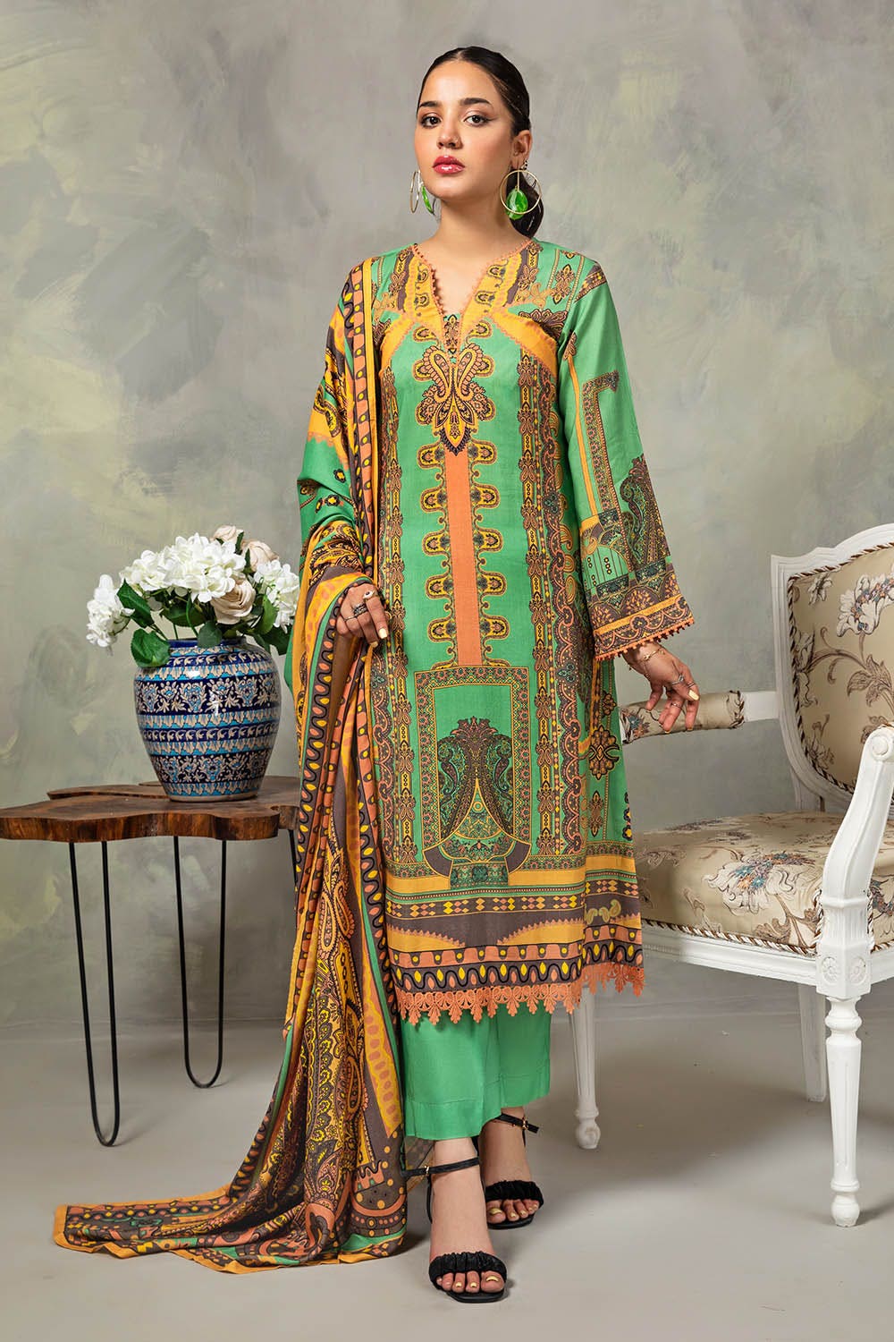 Gul Ahmed 3PC Unstitched Digital Printed Linen Shawl Suit WNS-12084